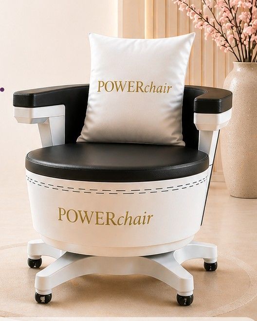 Der POWERchair, ein gepolsterter Sessel zur elektromagnetischen Muskelstimulation.