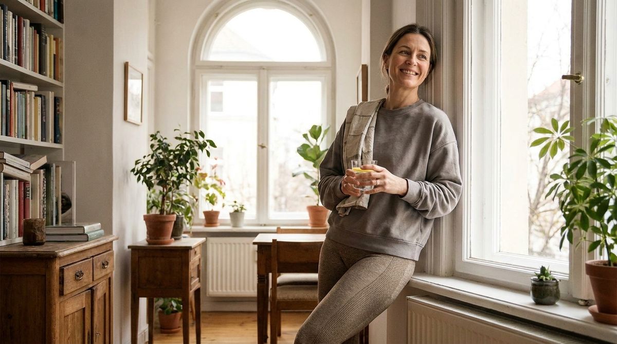 Eine Frau Mitte vierzig steht nach einer kurzen Übung entspannt am Fenster, Handtuch über der Schulter, Wasserglas in der Hand.