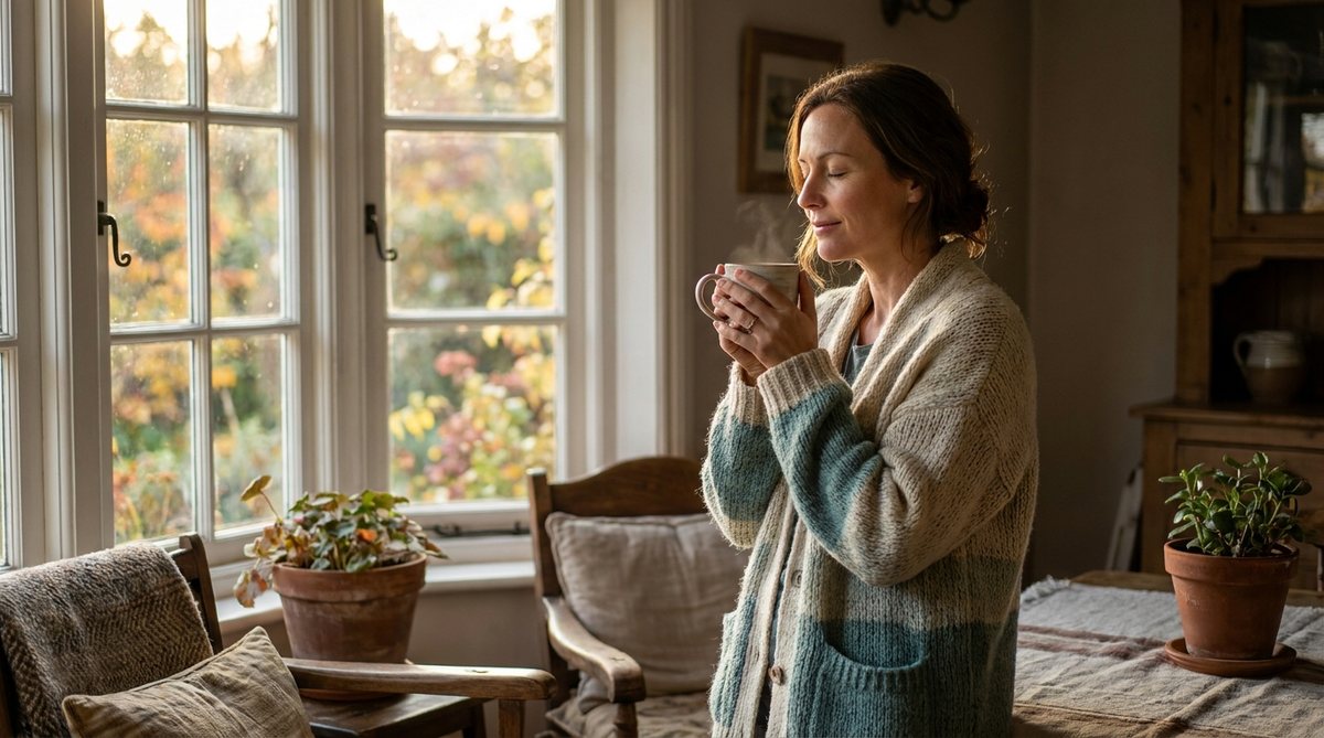 Eine Frau steht mit einer Tasse Tee am Fenster im warmen Herbstlicht und atmet ruhig durch.